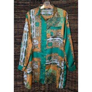 Missguided Women's Sleep Shirt 4 Green Button Up Old Money Boho Paisley Western